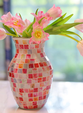 马赛克玻璃花瓶北欧纯手工粉色时尚家居客厅装饰摆件水培插花容器