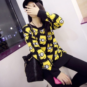 秋冬新款韩版圆领宽松卡通毛衣女套头辛普森上衣打底衫外套学院风