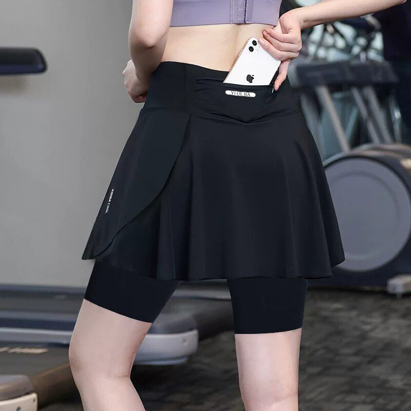假两件运动短裙女夏季高腰防走光小个子跑步健身裤速干瑜伽裙裤黑