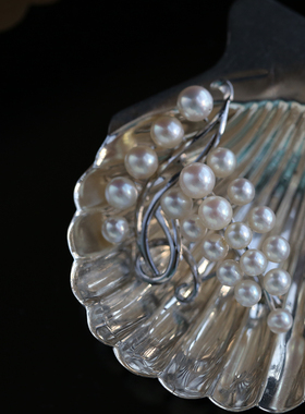 复古天然Akoya日本海水珍珠胸针镀金群镶 孤品