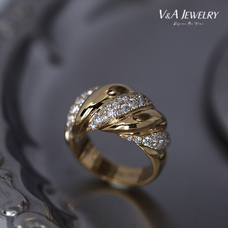 VA高级珠宝丨纯18K黄金天然钻石牛角包糖霜戒指指环 复古戒指