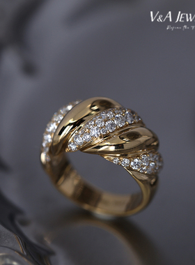 VA高级珠宝丨纯18K黄金天然钻石牛角包糖霜戒指指环 复古戒指