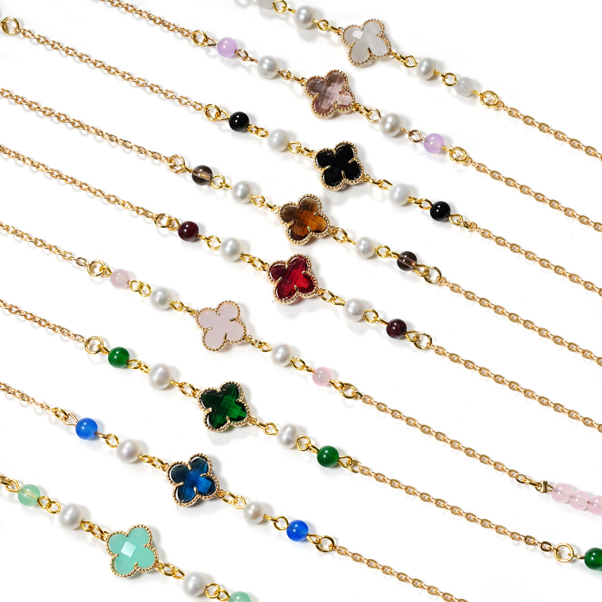 复古太阳镜眼镜链防滑钛钢口罩链子玉髓珍珠四叶花真金电镀不褪色