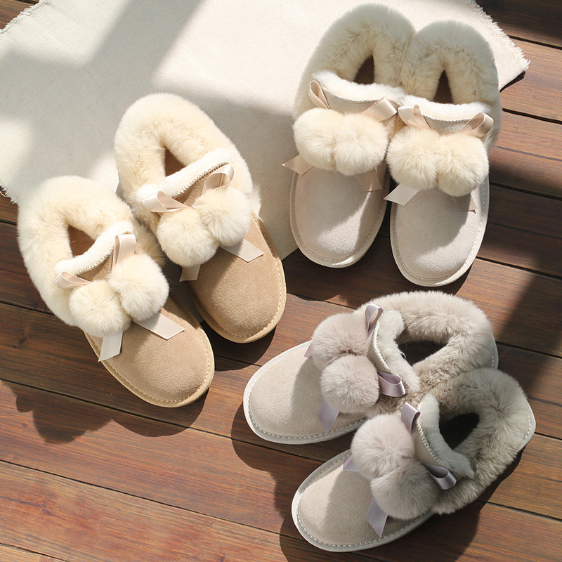 2025冬季新款加绒雪地靴短款女时尚可爱毛毛球一脚蹬平底保暖棉鞋,女鞋,时装靴,淘宝优惠券,粉丝福利购,淘宝优惠卷