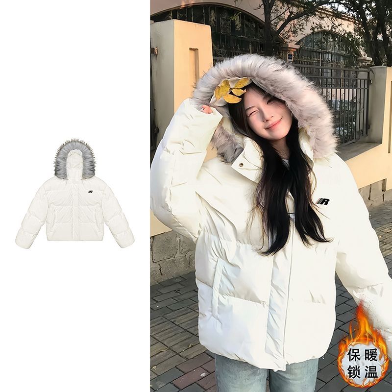 美式白色毛领连帽羽绒棉服女冬季新款韩版宽松加厚保暖面包服外套