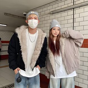 国潮座山雕毛绒连帽短款棉服男女2025冬美式cleanfit保暖棉衣外套