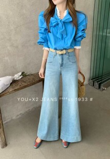 韩版 女 设计口袋感高腰显瘦百搭四面弹遮胯显瘦减龄阔腿拖地牛仔裤
