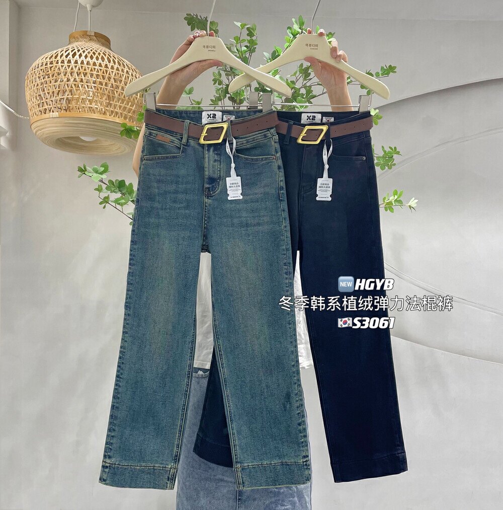 X2韩国定制秋冬新款植绒加厚紧身法棍高腰大码显瘦直筒烟管牛仔裤