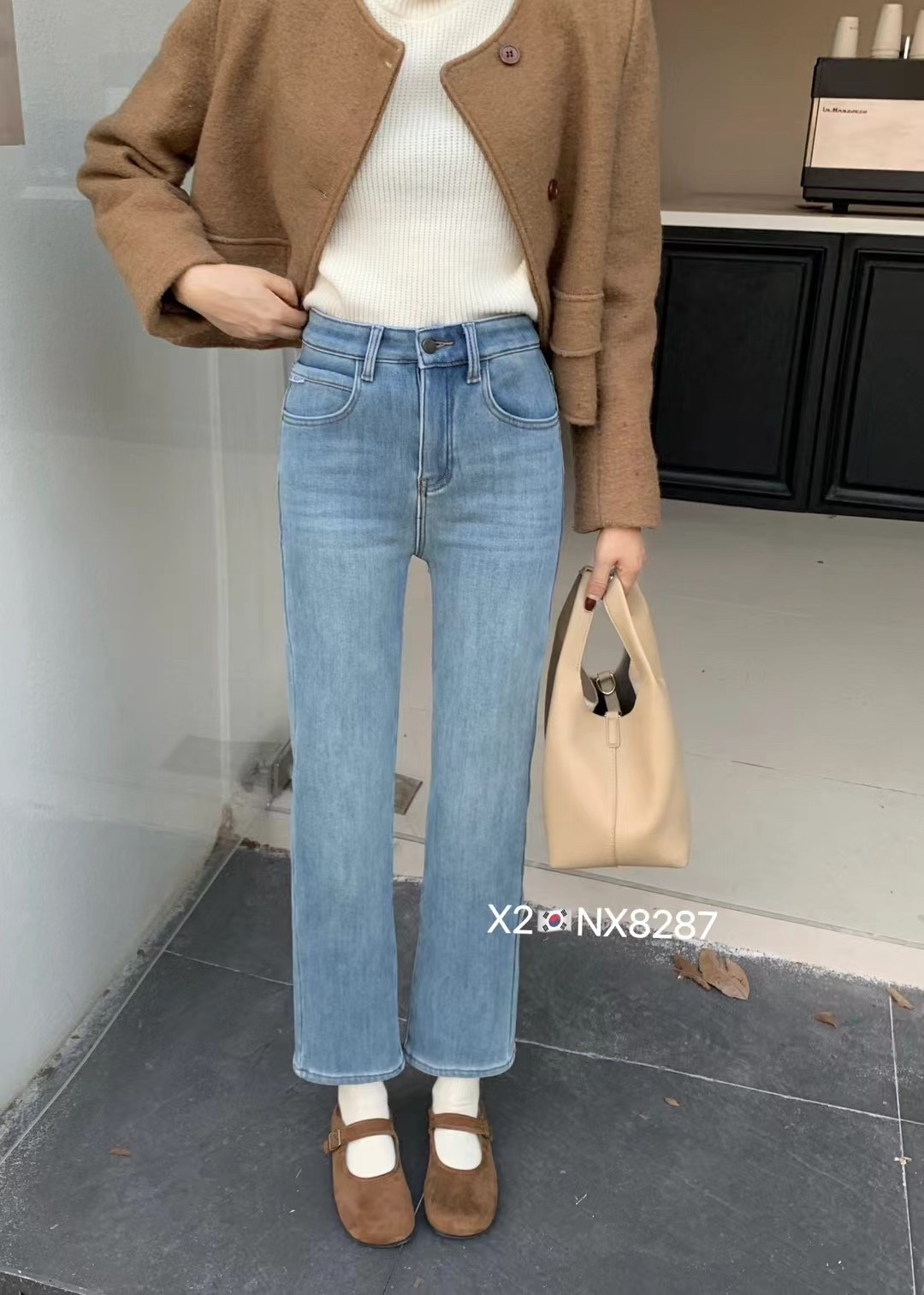 四面弹烟管裤女冬季韩版加厚复合绒保暖显瘦直筒九分法棍牛仔裤子