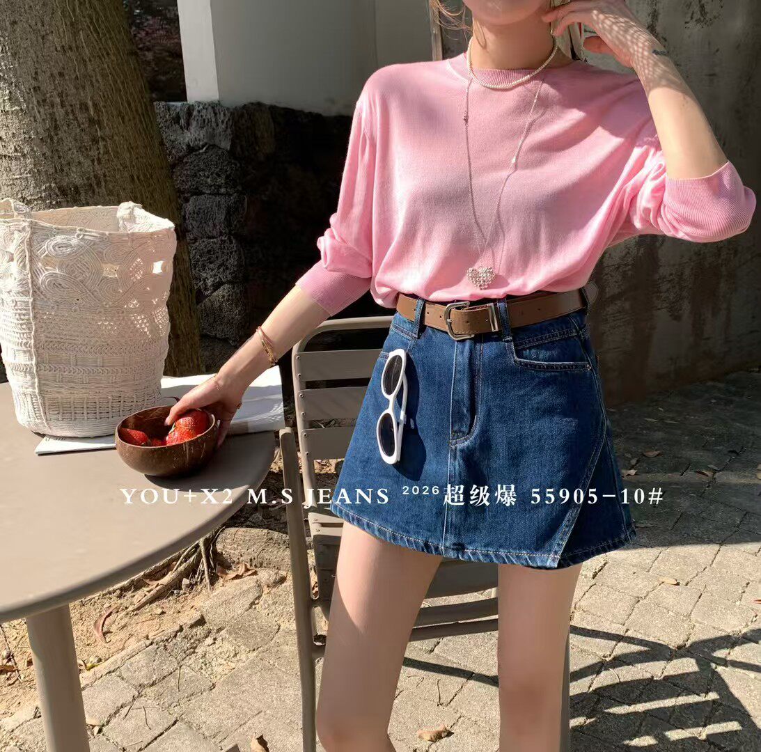 2026夏季新品薄款简约休闲气质一片式遮胯显瘦宽松阔腿牛仔短裤裙