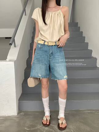 2026夏季新款薄料刮破高腰百搭宽松直筒显瘦阔腿四分牛仔短裤女