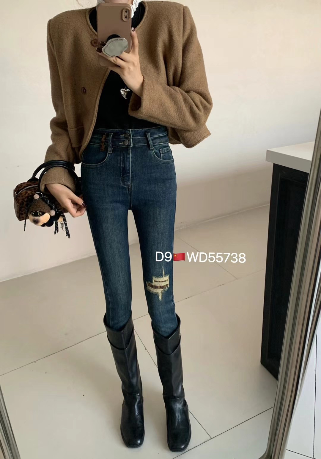 韩系2024年冬季新款炸街高腰显瘦抓绒假破洞小脚百搭铅笔牛仔裤女