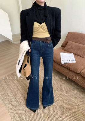 冬季新款加绒加厚气质女神高腰宽松显瘦四面弹百搭微喇叭牛仔裤子