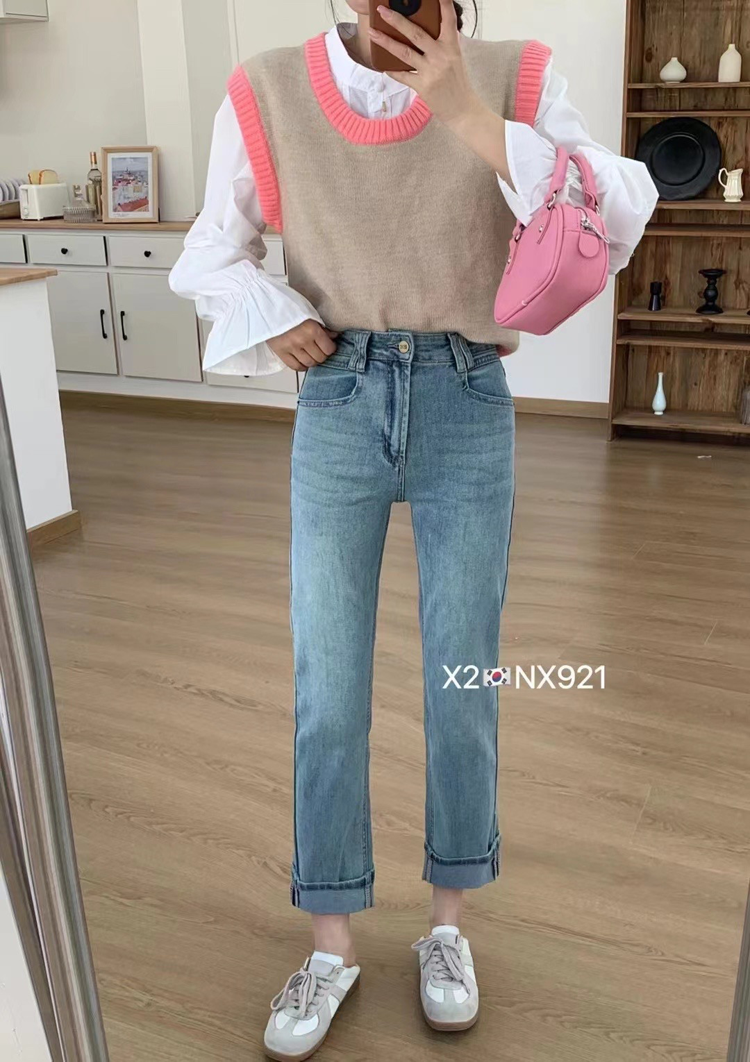 韩国新款百搭水洗蓝翻边小个子直筒浅色显瘦烟管弹力修身牛仔裤女