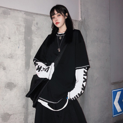 樱田川岛ins韩版秋季复古设计感明线撞色拼接宽松假两件长袖T恤女