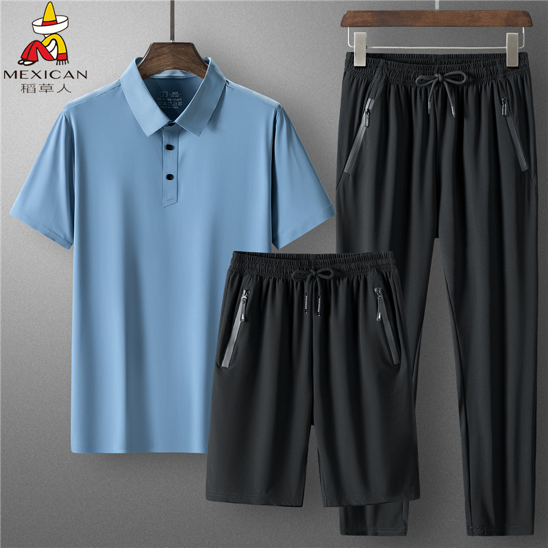 2025新款爸爸装冰丝运动套装男夏季翻领短袖夏天夏装中老年人衣服