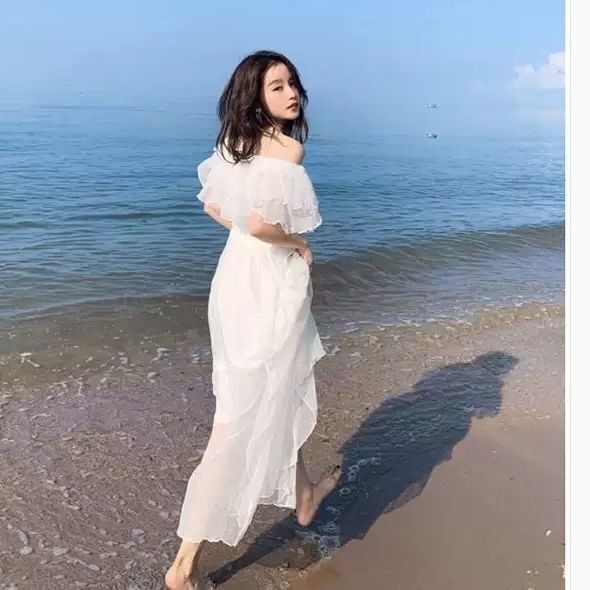 4种穿法2层夏季雪纺白色连衣裙女长裙一字肩公主裙气质收腰显瘦
