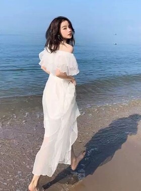 4种穿法2层夏季雪纺白色连衣裙女长裙一字肩公主裙气质收腰显瘦