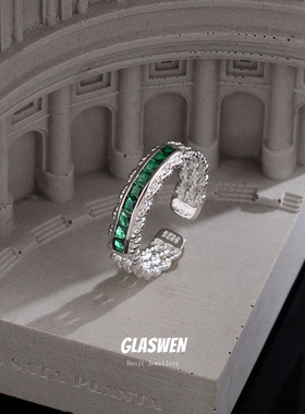 个性网红绿钻锆石蕾丝戒指女复古时尚排钻开口指环感文艺配饰