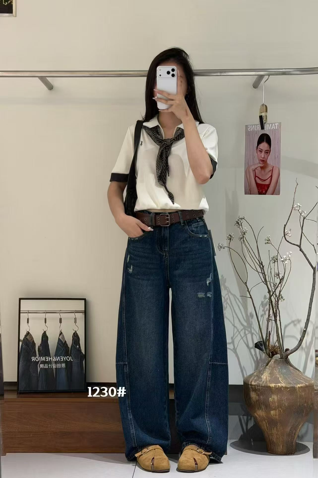 欧货深蓝色破洞弯刀牛仔裤女夏季高腰宽松显瘦休闲1230