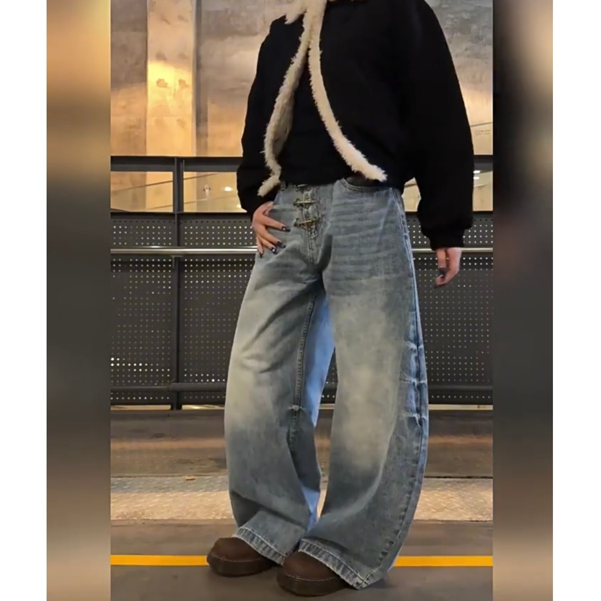 现货男女宽松金属扣牛仔裤拖地8046P53，男装牛仔裤，星座517-5