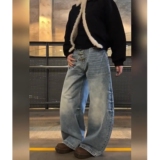 现货男女宽松金属扣牛仔裤拖地8046P53，男装牛仔裤，星座517-5