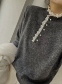 女2025新款 绵羊毛100 ％拼接花边蕾丝领针织打底衫 冬内搭洋气毛衣