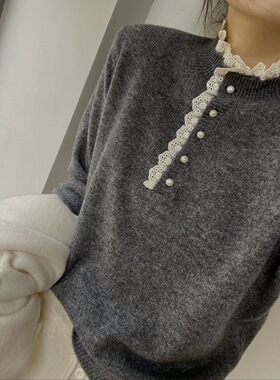 绵羊毛100 ％拼接花边蕾丝领针织打底衫女2025新款冬内搭洋气毛衣