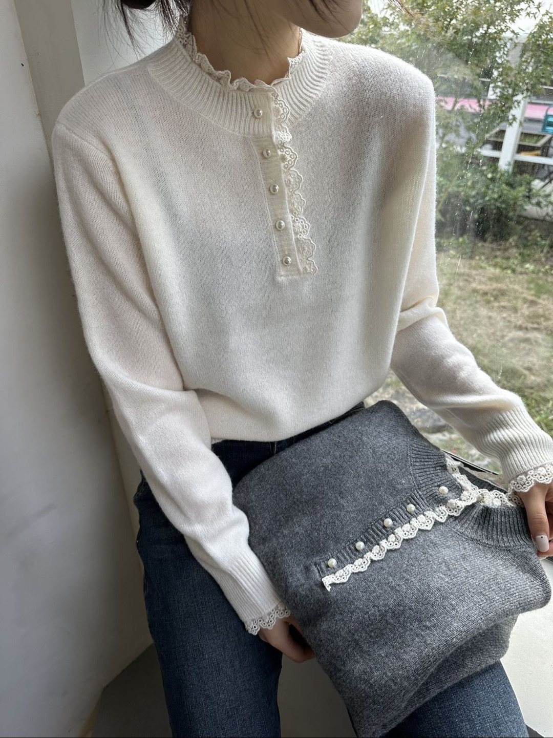 全羊毛拼接花边蕾丝领针织打底衫女2025新款内搭洋气女装秋冬毛衣