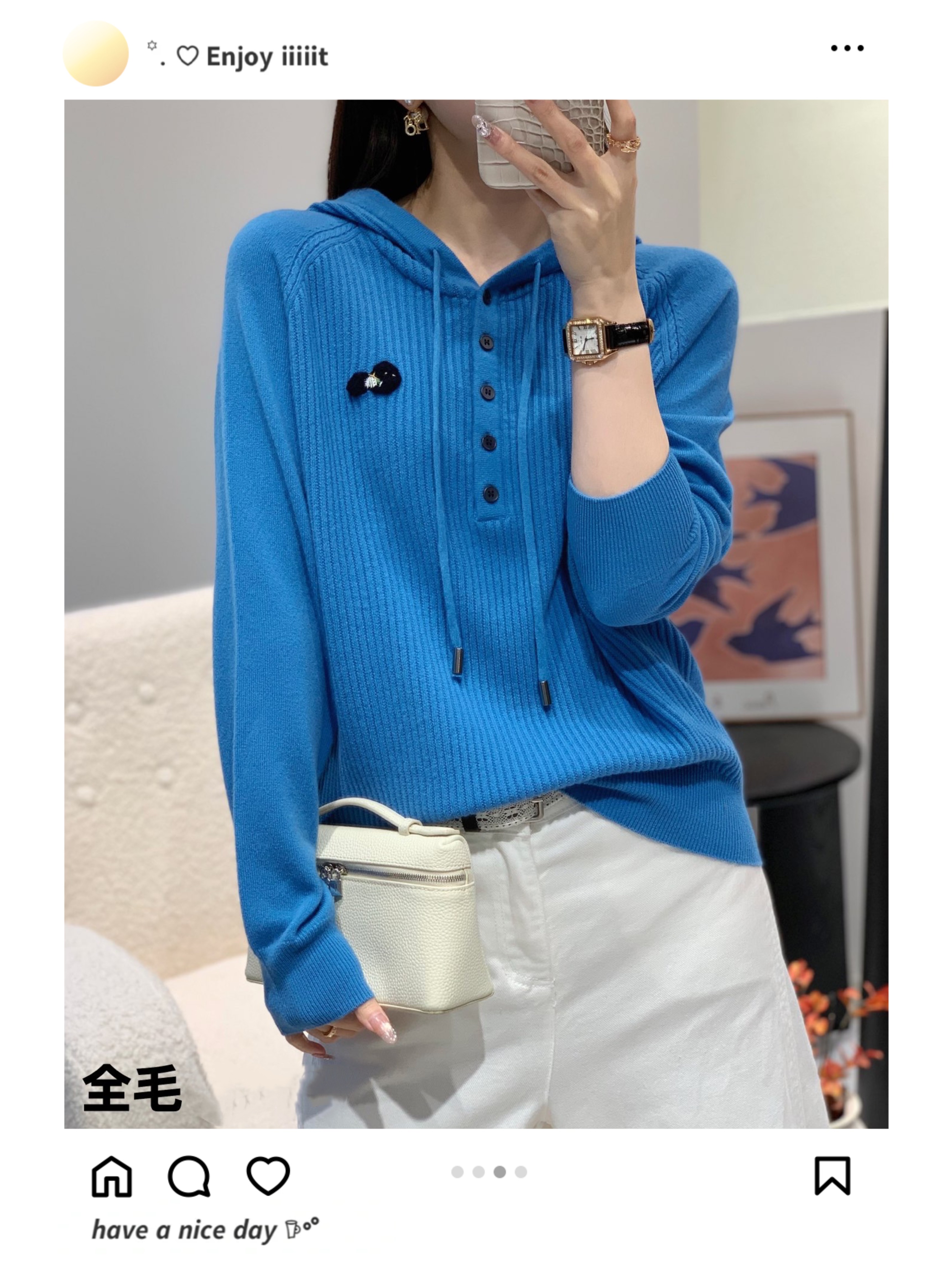 专柜正品高端时尚100 %羊毛2026年冬季新款连帽针织衫女宽松休闲