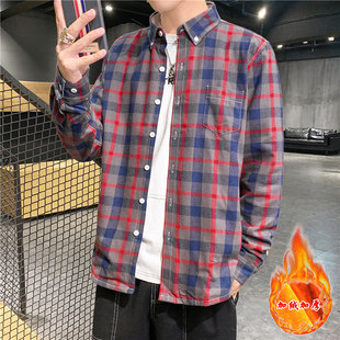 格子衬衫男款加绒加厚长袖休闲风秋衣上衣可外穿纯棉衬衣全棉衣服