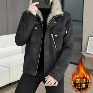 麂皮绒夹克外套男款毛呢2025新款冬加厚衣服加绒潮痞帅风冬装毛领