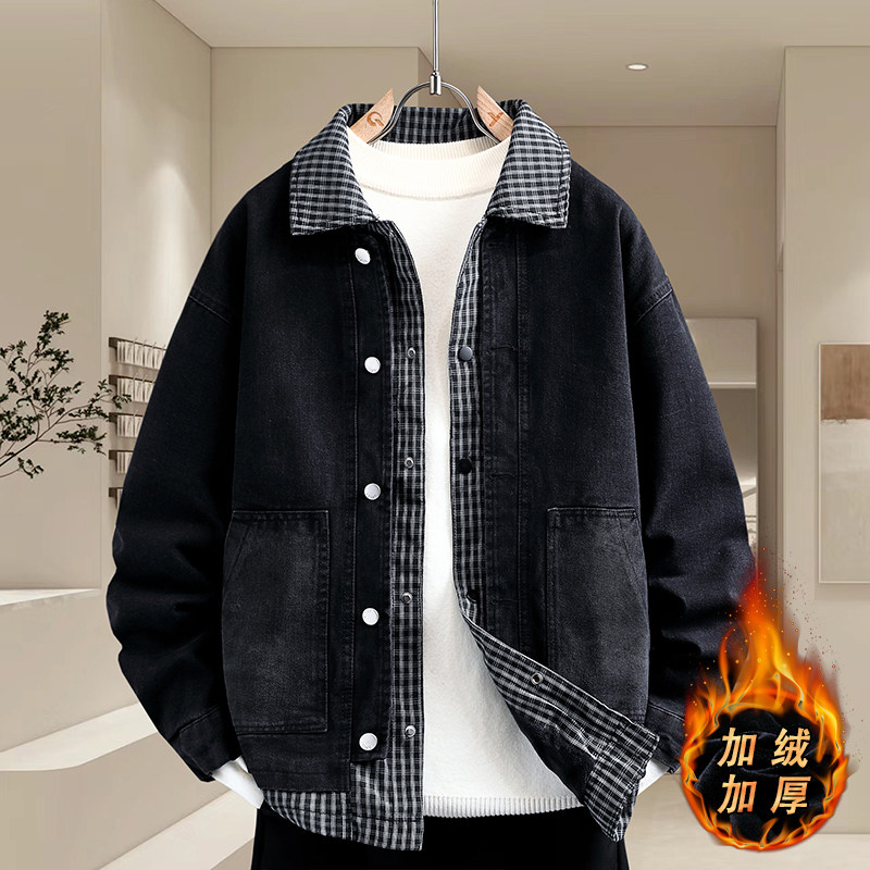 假两件夹克衣服男款牛仔外套潮流酷痞帅2025新款春秋加厚加绒格子