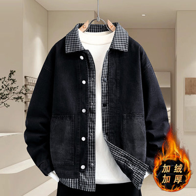 假两件夹克衣服男款牛仔外套潮流酷痞帅2025新款春秋加厚加绒格子