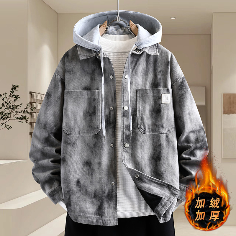 牛仔夹克外套男款2025新款衣服春秋冬加绒加厚潮流连帽带帽子