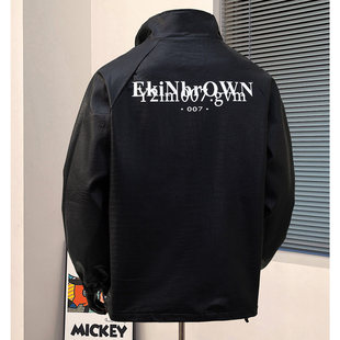 鳄鱼纹皮衣外套男款2026新款春季夹克立领潮流字母