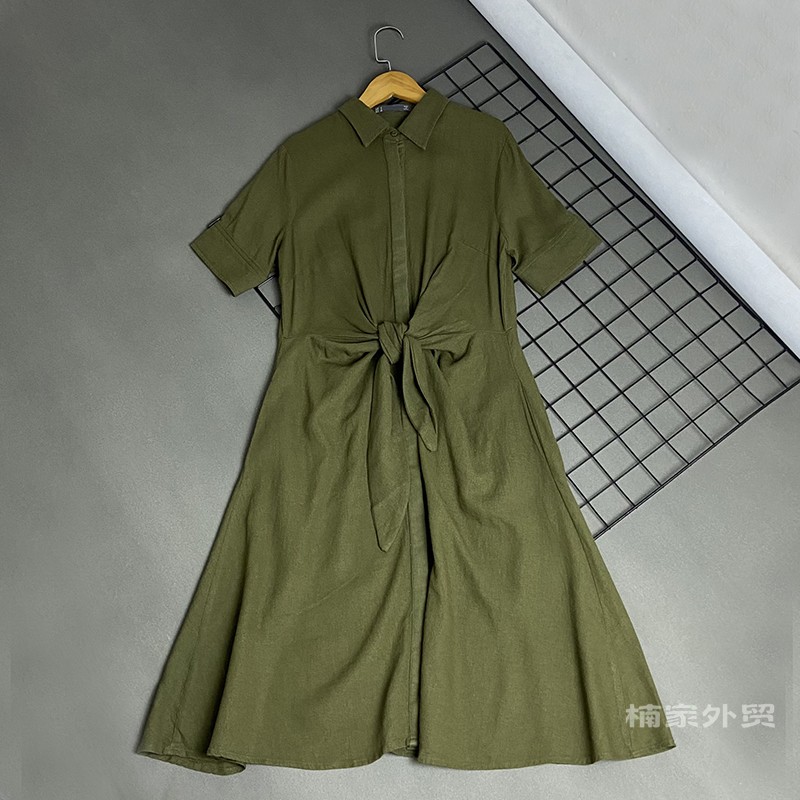 Original d   Real shooting ! summer ma'am Lapel Short sleeve Shirt skirt easy leisure time bow fashion Cotton and hemp Dress