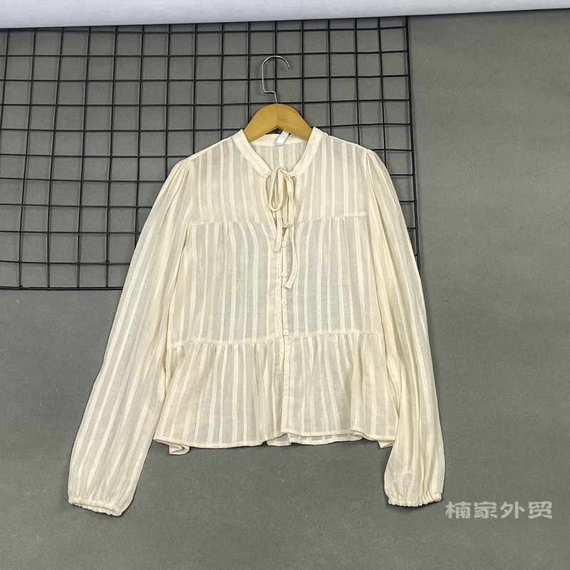 韩国 实拍！法式立领系带长袖衬衫上衣蝴蝶结泡泡袖通勤棉纱衬衣