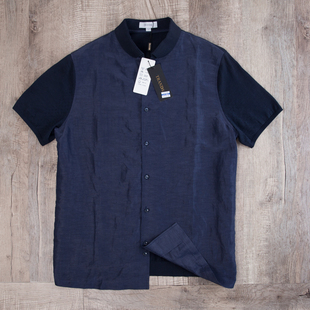 衬衫 透气藏青棉麻立领短袖 意大利亚麻桑蚕丝纯棉面料男薄款 38码