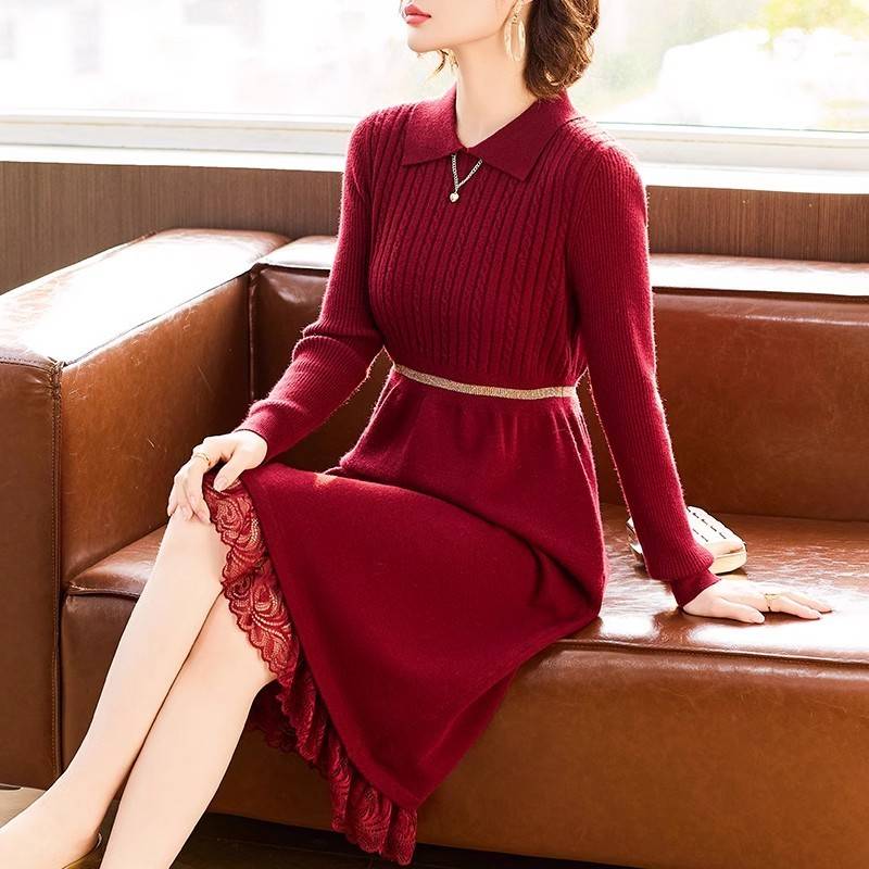 本命年红色过年衣服妈妈秋冬装针织连衣裙中老年女装毛衣打底裙子