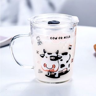 儿童牛奶杯家用玻璃杯子宝宝喝奶杯微波炉早餐杯带盖量杯刻度水杯