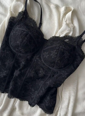 辣妹风网红性感雷丝美背吊带一体杯纯欲修身百搭磨绒打底背心上衣