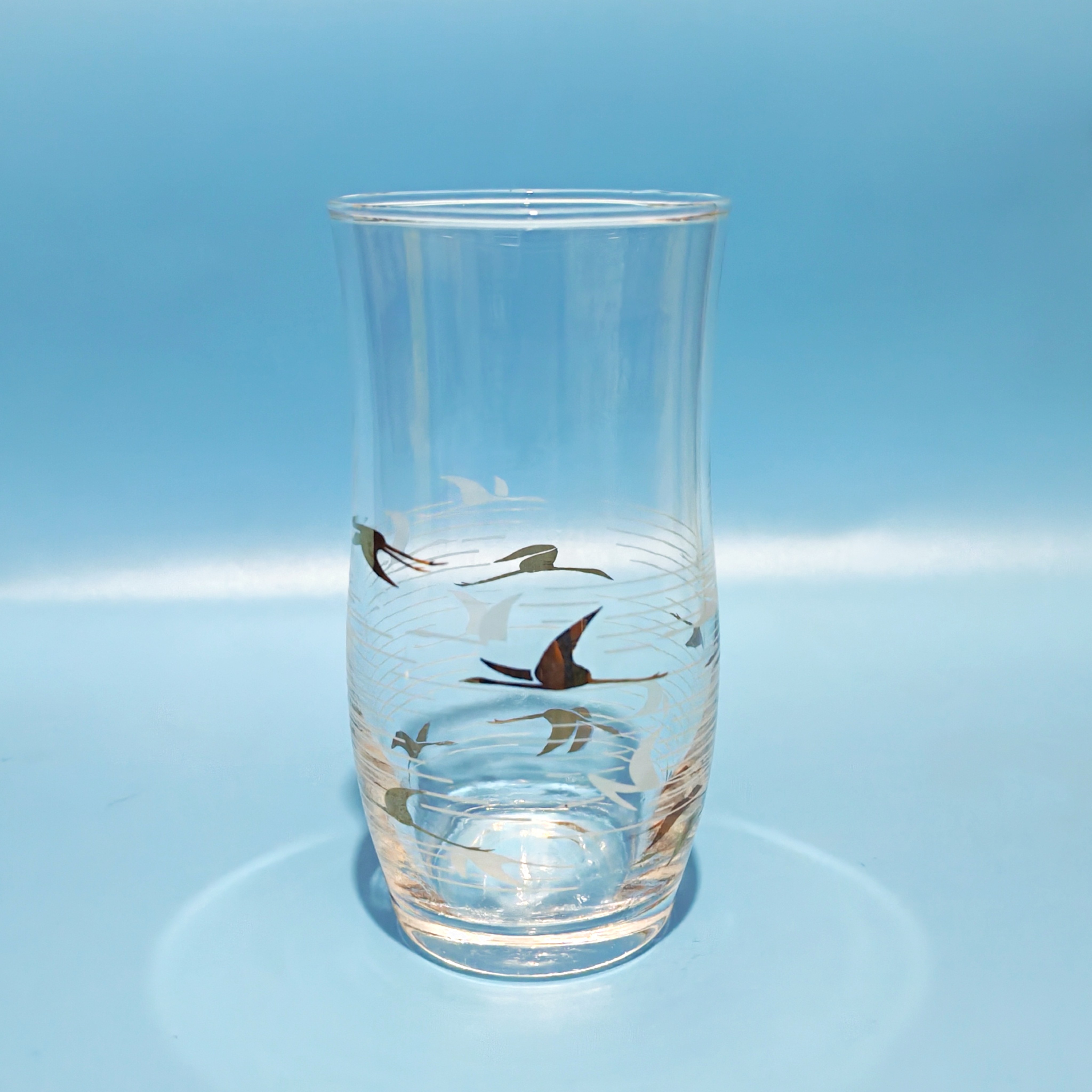 日本中古玻璃杯昭和全新水杯飞鸟仙鹤印花啤酒杯果汁杯线条简约杯