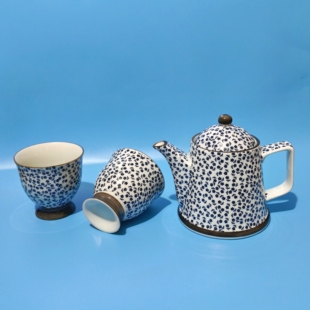 日本中古茶杯套装咖啡壶茶壶蓝色印花高足茶杯汤吞杯复古昭和陶瓷