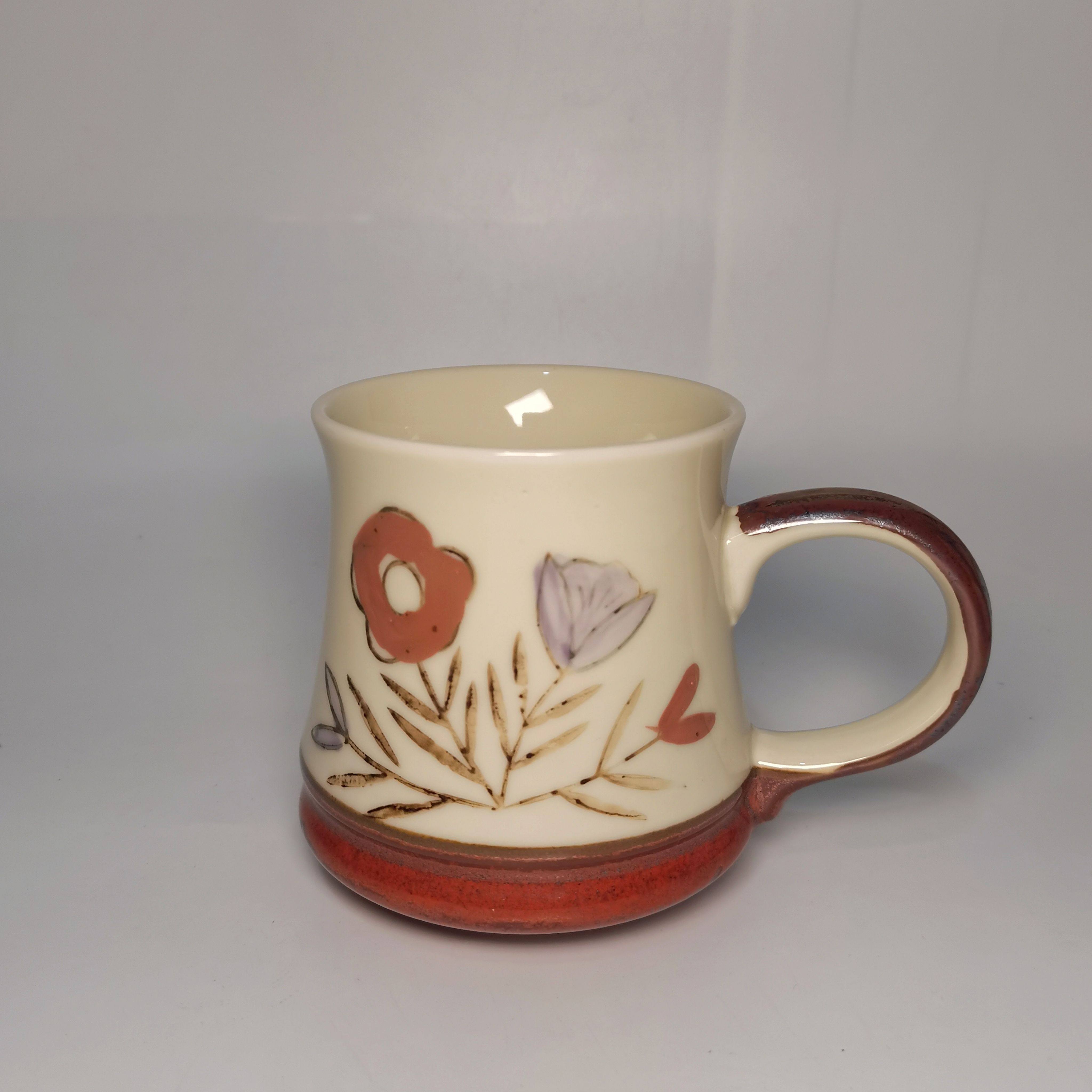日本进口手绘花卉马克杯侘寂风咖啡杯手作陶杯复古田园风水杯孤品