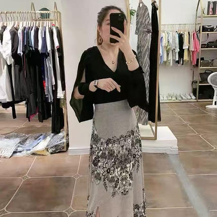 欧洲站夏季新款女装时尚潮流字母波点印花长款裙子大摆半身裙
