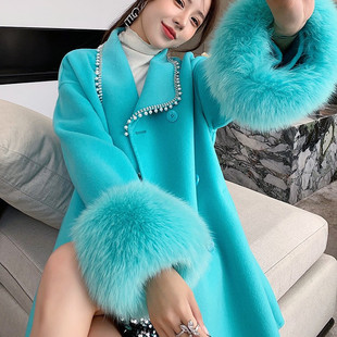 大衣女2022秋冬新款 时尚 年轻款 狐狸毛毛呢外套中长款