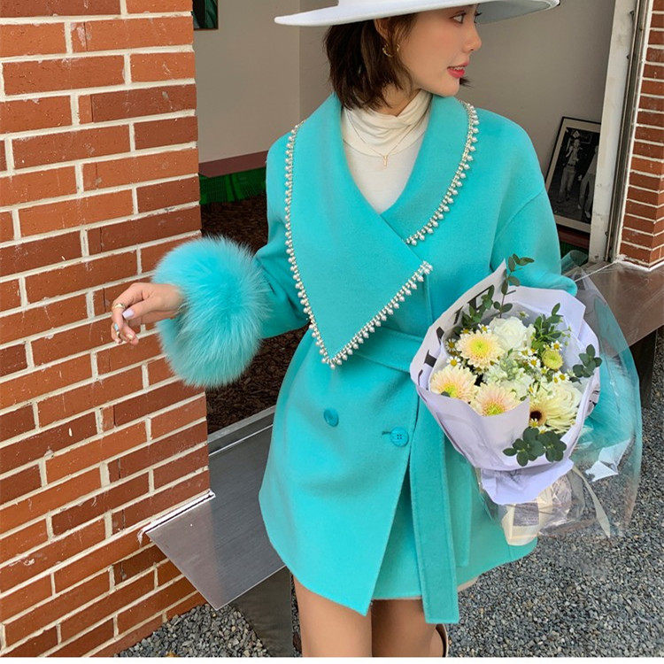 欧洲站2022冬季新款翻领钉珠轻奢名媛中长款狐狸毛毛呢大衣女