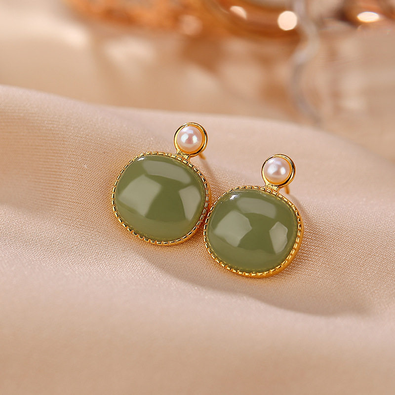 通体纯银和田玉青玉珍珠时尚气质大方女士镶嵌耳钉耳坠耳饰女礼物