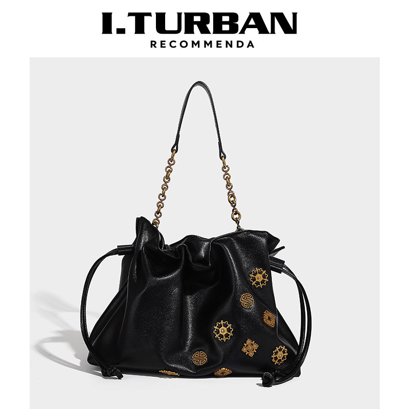 I.TURBAN2025新款时尚小众设计徽章花栖大容量水桶包女大包托特包